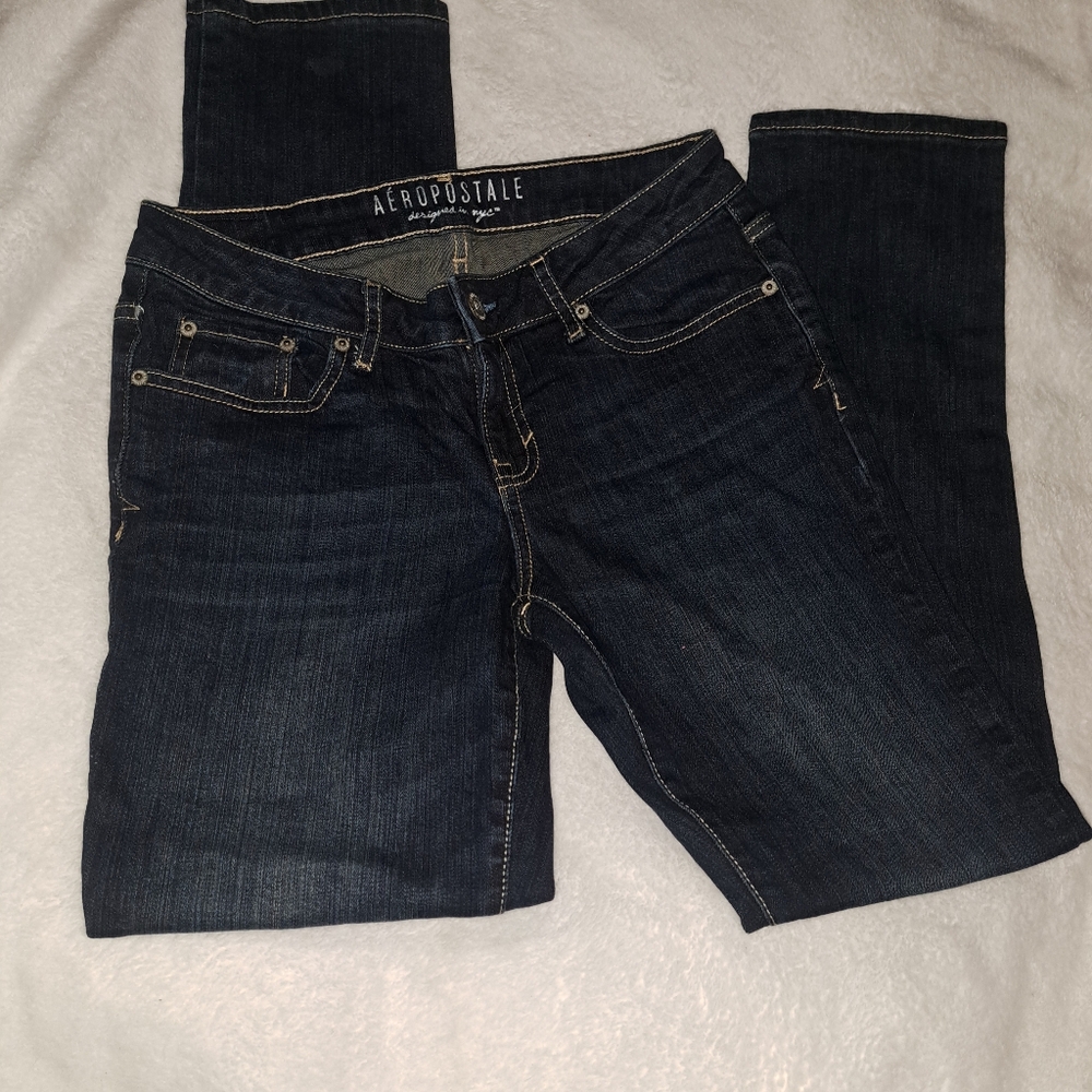 Aeropostale Womens Slim Skinny Jeans Blue Whiskered Stretch Low Rise Denim